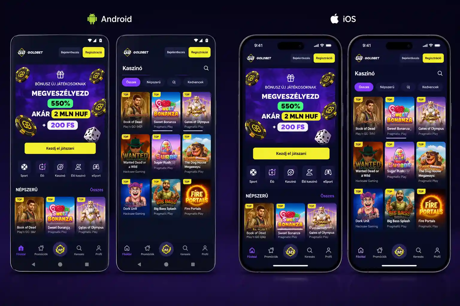 Goldbet mobilalkalmazás Android és iOS képernyőkkel — főoldal és játékkatalógus