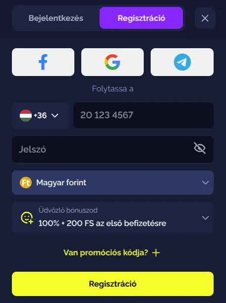 Goldbet regisztrációs űrlap a kitöltendő mezőkkel és közösségi belépési gombokkal